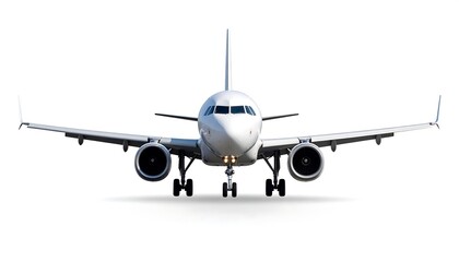 Obraz premium Front view of a white passenger jet on a white background, landing gear down