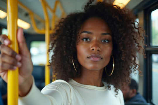 Confident Female Passenger Holding a Handrail on a City Bus