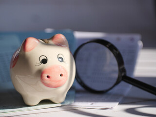 A lot of coins and piggy bank in the concept of saving money and finance.Selection focus.