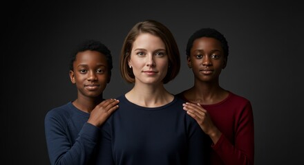 Diverse Family Portrait Woman with Two Children on Dark Background