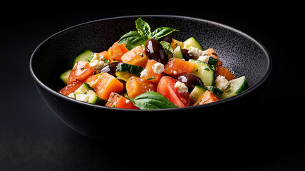 Fresh Mediterranean Vegetable Salad with Tomatoes, Cucumbers, Olives, and Feta Cheese on Black Background