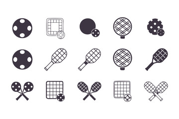 Pickleball icon set. Collection of minimalist sport equipment symbols including paddle and ball. Vector graphics in line art and solid glyph styles for logos and web.
