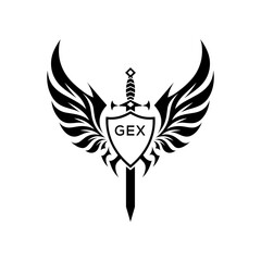 GEX Winged Sword and Shield Logo with GEX Letters, GEX Later Logo, Heraldic Emblem, Black and White Vector Design
