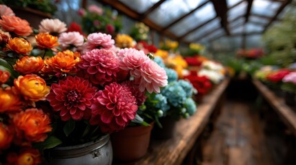 Obraz premium This enchanting image captures an array of colorful flowers displayed beautifully in a greenhouse setting, showcasing nature's vibrant palette and serenity.