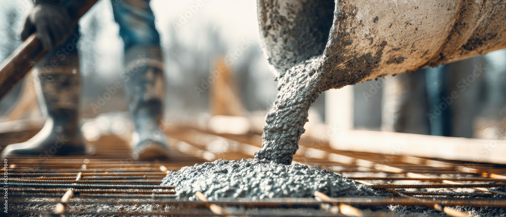 Aufkleber pouring concrete on a construction site with a worker using a mixer to create a sturdy building foun