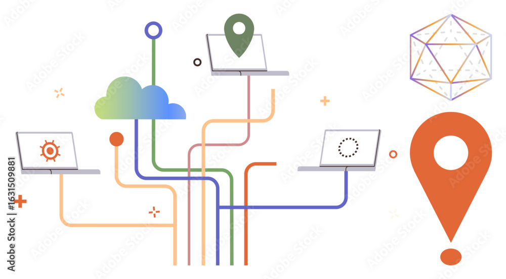 Poster laptops interconnected via colorful lines to a cloud, location pin, and geometric network. ideal for
