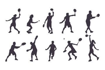Pickleball player silhouette set. Collection of male and female athletes in various action poses like serving and hitting. Isolated vector sport figures for logos, tournaments, and design.