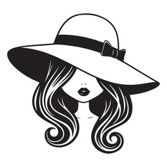 Woman with hat and wavy hair in black and white illustration colouring page