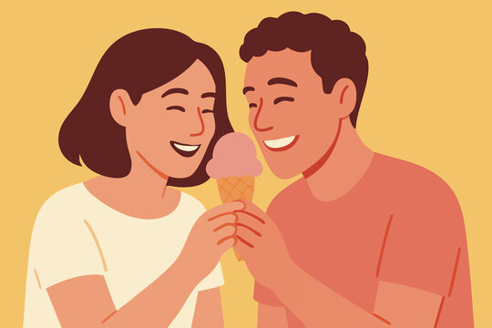 Naklejki Couple happily sharing ice cream together in summer illustration