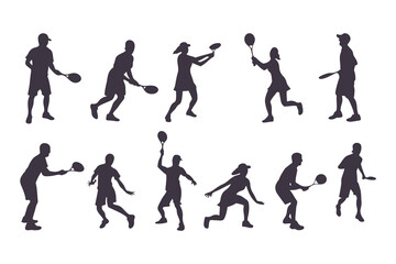 Pickleball player silhouette set. Collection of male and female athletes in various action poses like serving and hitting. Isolated vector sport figures for logos, tournaments, and design.