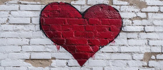 The vibrant red heart painted on a textured white brick wall.
