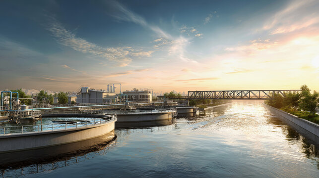 Industrial water treatment plant along the river featuring modern equipment under sunset light