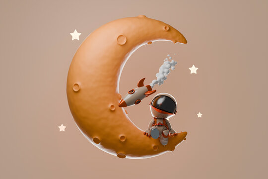 3d cartoon astronaut and starship exploring crescent moon in space