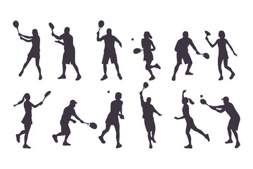 Pickleball player silhouette set. Collection of male and female athletes in various action poses like serving and hitting. Isolated vector sport figures for logos, tournaments, and design.