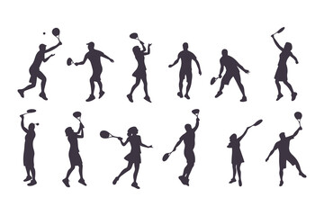 Pickleball player silhouette set. Collection of male and female athletes in various action poses like serving and hitting. Isolated vector sport figures for logos, tournaments, and design.