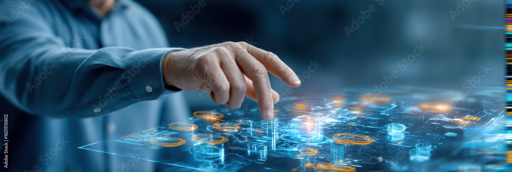Aufkleber a person interacts with a futuristic holographic interface, showcasing digital data visualization an
