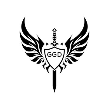 GGD Winged Sword and Shield Logo with GGD Letters, GGD Later Logo, Heraldic Emblem, Black and White Vector Design
