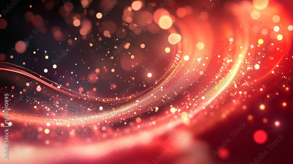 Poster abstract red and gold glitter background with bokeh lights and swirling lines of sparkling dust