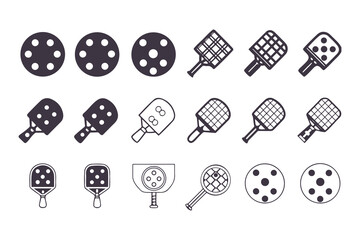 Pickleball icon set. Collection of minimalist sport equipment symbols including paddle and ball. Vector graphics in line art and solid glyph styles for logos and web.