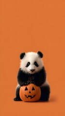 Panda holding carved Halloween pumpkin