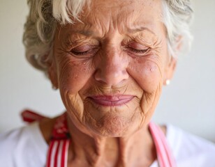 Close-up portrait of a smiling elderly woman with her eyes closed, wearing a red and white striped apron