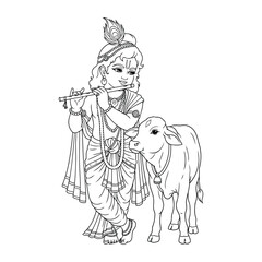 Fototapeta premium Outline drawing of krishna playing flute with a calf near colouring page