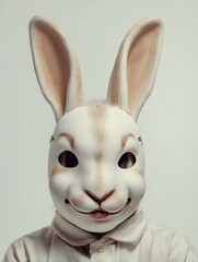 photo of a rabbit wearing an eerie mask