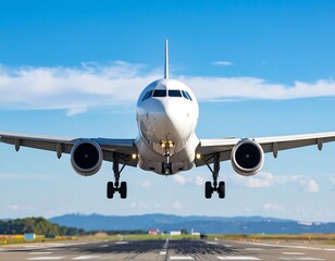Naklejka premium Front view of a white passenger jet during landing, wheels down, runway and blue sky visible