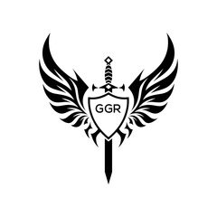 GGR Winged Sword and Shield Logo with GGR Letters, GGR Later Logo, Heraldic Emblem, Black and White Vector Design
