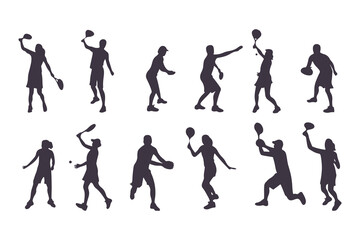 Pickleball player silhouette set. Collection of male and female athletes in various action poses like serving and hitting. Isolated vector sport figures for logos, tournaments, and design.