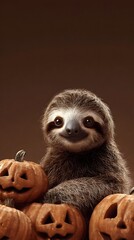 Cheerful sloth amid Halloween pumpkins