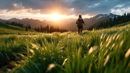 A lone hiker is walking through a field of grass towards a breathtaking sunset, capturing the essence of adventure, exploration, and the beauty of nature in a serene landscape.