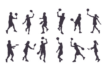 Obraz premium Pickleball player silhouette set. Collection of male and female athletes in various action poses like serving and hitting. Isolated vector sport figures for logos, tournaments, and design.