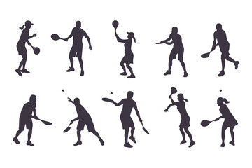 Obraz premium Pickleball player silhouette set. Collection of male and female athletes in various action poses like serving and hitting. Isolated vector sport figures for logos, tournaments, and design.
