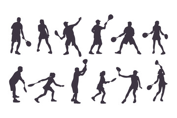 Pickleball player silhouette set. Collection of male and female athletes in various action poses like serving and hitting. Isolated vector sport figures for logos, tournaments, and design.