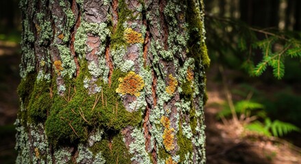 Obraz premium Close-up of Tree Bark Covered in Green and Orange Lichen and Moss in Forest Setting