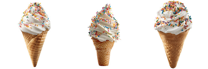 Set of a, ice cream cone, colorful sprinkles on top of the ice cream, isolated on a transparent background.