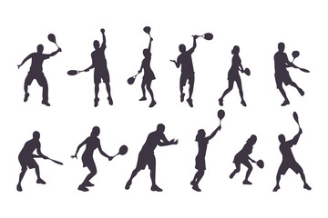 Pickleball player silhouette set. Collection of male and female athletes in various action poses like serving and hitting. Isolated vector sport figures for logos, tournaments, and design.