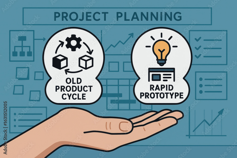 Poster project planning concept with innovator dilemma between old product cycle and rapid prototype ideas 