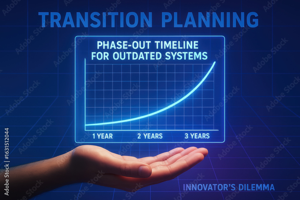 Poster transition planning concept with phase out timeline for outdated systems shown above open hand repre