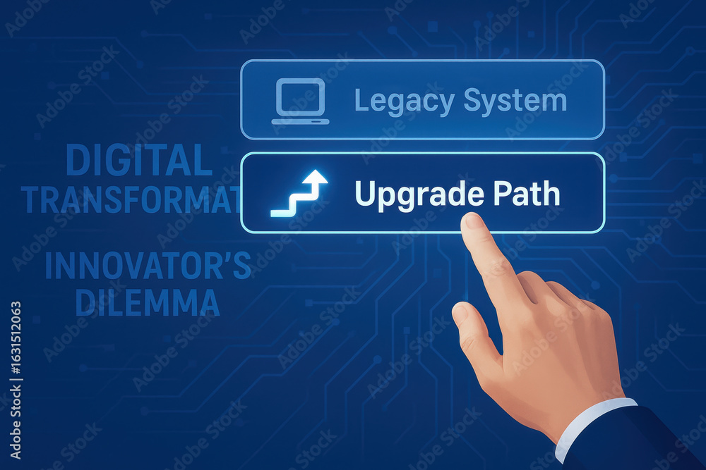 Poster upgrade path selection highlights innovator dilemma in digital transformation from legacy system to 