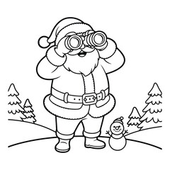 Santa with binoculars near snowman and christmas trees art colouring page