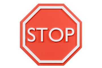 3d stop sign icon. red octagon with white border and stop text for traffic, warning, safety, and road sign illustration. minimal 3d render.
