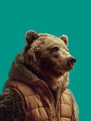 A bear in a warm winter vest against a teal background