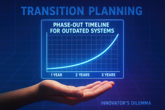 Transition planning concept with phase out timeline for outdated systems shown above open hand representing innovator dilemma in technology change