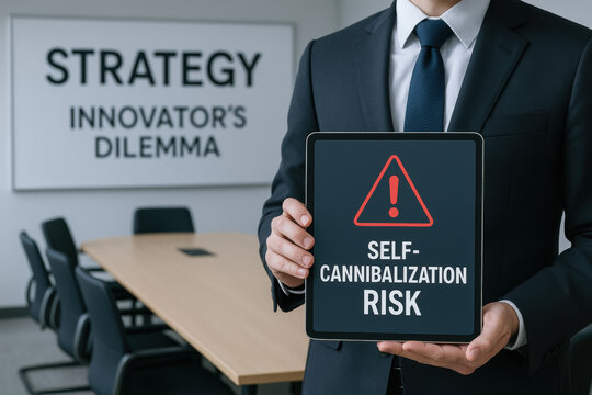 Innovator dilemma strategy concept with businessman holding tablet showing self cannibalization risk warning in office meeting room
