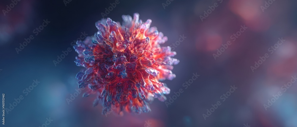 Poster the intricate structure of a virus illuminated in vivid colors.