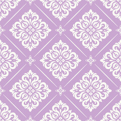 Fototapeta premium Elegant damask pattern with white vintage ornamental motifs on pastel pink background, seamless tile design for wallpaper, textile, wrapping paper, stylish decoration, classic and modern decor.
