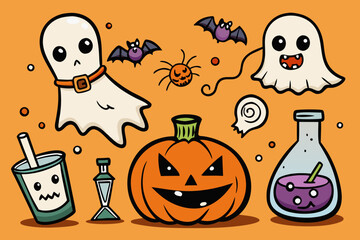 Spooky Halloween Vector Set with Jack-o'-Lanterns, Ghosts, Witches, Bats & Potions &ndash; Hand-Drawn Cartoon Style in Black and Orange