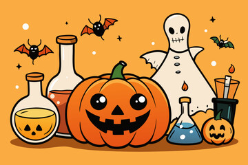 Spooky Halloween Vector Set with Jack-o'-Lanterns, Ghosts, Witches, Bats & Potions &ndash; Hand-Drawn Cartoon Style in Black and Orange